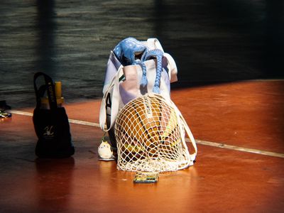 Close up of sports equipment on the floor.